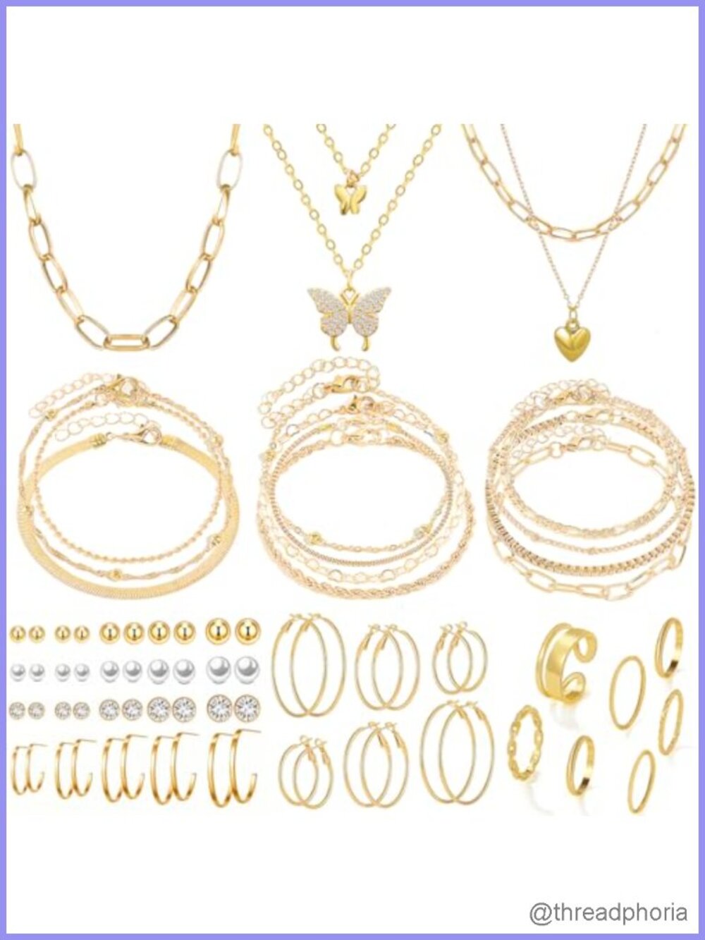 47 Piece Gold Jewelry Set - Necklaces, Bracelets, Earrings, Rings for Women Gift